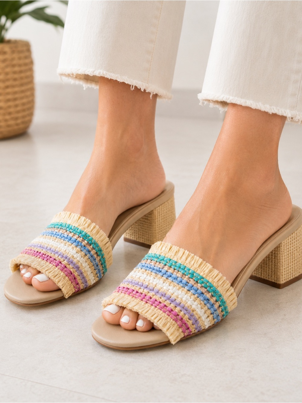 J.Crew Multicolor Raffia Fringe Block Heel Slide Sandals